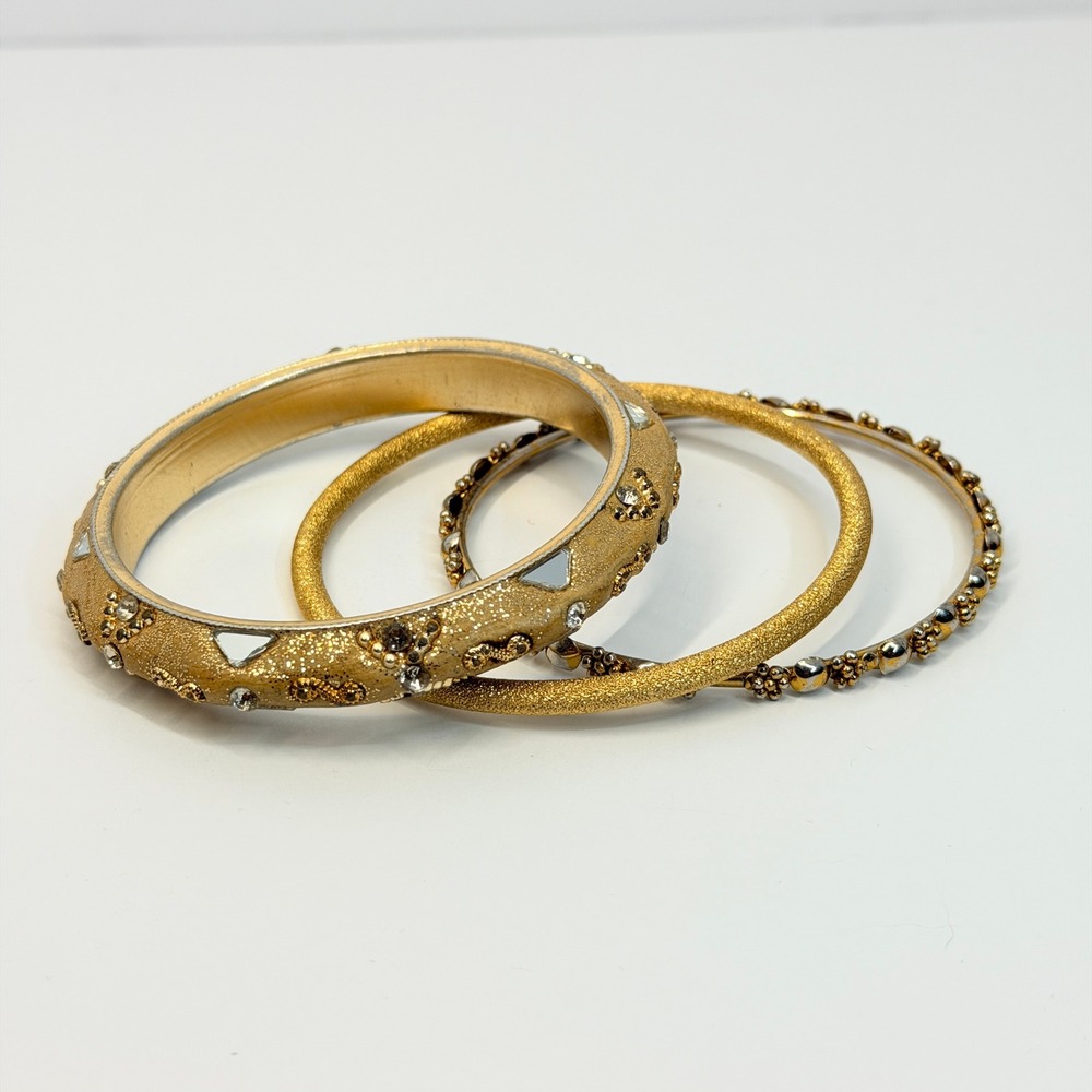 Luxe Gold Boho Bangles Rhinestone Glitter Textured Stackable Bracelets 3pc Set